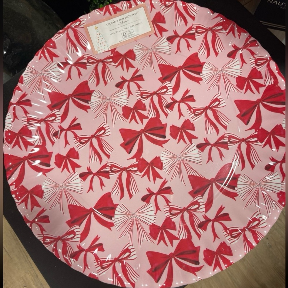 Cupcakes & Cashmere Christmas Red & Pink Bow Coquette Melamine Serving Tray NWT